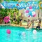 9.8×1.9ft Happy Birthday Pool Party Banner & 30 Balloons | Colorful Summer Hawaiian Backdrop for Outdoor Yard Decor, Baby Shower & Birthday Supplies